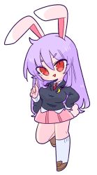 Rule 34 | 1girl, animal ears, arm behind back, black jacket, blazer, blouse, breasts, brown footwear, collared shirt, commentary, crescent, crescent pin, eyebrows hidden by hair, full body, hair between eyes, highres, jacket, kneehighs, large breasts, light purple hair, long hair, long sleeves, necktie, op na yarou, open mouth, pink skirt, pleated skirt, pointing, pointing up, purple hair, rabbit ears, rabbit girl, rabbit tail, red eyes, red necktie, red tie, shirt, shoes, simple background, skirt, smile, socks, solo, standing, standing on one leg, suit jacket, tail, v-shaped eyebrows, very long hair, white background, white shirt