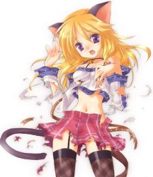 Rule 34 | 10s, animal ears, blonde hair, blush, cat (trickster), cat ears, cat tail, duplicate, exploding clothes, garter straps, midriff, mofmof (sousa), navel, open mouth, purple eyes, skirt, solo, tail, tearing clothes, thighhighs, torn clothes, trickster (ntreev soft)