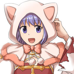 Rule 34 | 1girl, :d, animal hood, arch bishop (ragnarok online), bow, bowtie, cat hood, cleavage cutout, clothing cutout, commentary request, cross, dress, female focus, hood, juliet sleeves, long sleeves, looking at viewer, natsuya (kuttuki), open mouth, pink bow, pink bowtie, pink hood, puffy sleeves, purple eyes, purple hair, ragnarok online, short hair, simple background, smile, solo, two-tone dress, upper body, white background, white dress