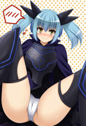 Rule 34 | 10s, ankle boots, armor, black legwear, blush, boots, cape, cardfight!! vanguard, darkness maiden macha, emoticon, gloves, green hair, hair ornament, looking at viewer, miniskirt, panties, pantyshot, shadow paladin, skirt, thighhighs, twintails, underwear, yellow eyes