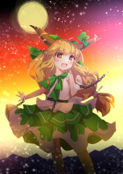 Rule 34 | 1girl, :d, absurdres, alternate costume, brown eyes, brown hair, commentary request, commission, cuffs, enjoy mix, feet out of frame, full moon, gradient sky, green skirt, highres, horns, ibuki suika, light particles, long hair, looking at viewer, moon, open mouth, shackles, shirt, skeb commission, skirt, sky, smile, solo, standing, touhou, touhou hisoutensoku, white shirt, wrist cuffs