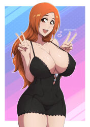 1girl :d bare_shoulders black_panties bleach blush border breasts brown_eyes brown_hair cleavage collarbone commentary commission cowboy_shot curvy double_v english_commentary forehead groin hair_over_shoulder hands_up happy heart heart-shaped_ornament highres huge_breasts inoue_orihime lingerie long_hair looking_at_viewer mistowing nightgown open_mouth outside_border panties parted_bangs simple_background smile solo spaghetti_strap teeth twitter_username underwear upper_teeth_only v white_border