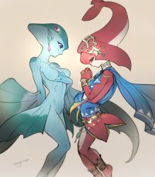 Rule 34 | 2girls, blue skin, breasts, colored skin, fins, fish girl, hair ornament, jewelry, long hair, mipha, mojaranmo, monster girl, multicolored skin, multiple girls, nintendo, no eyebrows, pointy ears, princess ruto, purple eyes, red hair, red skin, simple background, smile, the legend of zelda, the legend of zelda: breath of the wild, the legend of zelda: ocarina of time, time paradox, zora