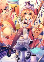 Rule 34 | 1girl, apron, asymmetrical legwear, bad aspect ratio, banana, black thighhighs, blonde hair, bloomers, blue hair, blueberry, blunt bangs, bow, cake, character doll, cherry, commentary request, cup, drinking glass, duplicate, fangs, flandre scarlet, food, frilled apron, frills, fruit, gloves, hat, hat bow, holding, holding knife, holding spoon, honey, ice cream, izayoi sakuya, jar, juliet sleeves, kirero, kiwi (fruit), kiwi slice, knife, long hair, long sleeves, macaron, maid apron, maid headdress, mismatched legwear, mob cap, open mouth, patchouli knowledge, plate, pudding, puffy short sleeves, puffy sleeves, purple hair, red bow, red eyes, remilia scarlet, short hair, short sleeves, siblings, side ponytail, silver hair, sisters, sitting, smile, spoon, star (symbol), strawberry, striped clothes, striped thighhighs, sundae, thighhighs, touhou, underwear, vertical-striped clothes, vertical-striped thighhighs, very long hair, wafer stick, whipped cream, white gloves, white thighhighs, wings