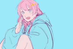 Rule 34 | 1girl, bang dream!, bang dream! it&#039;s mygo!!!!!, blue background, blue hoodie, blush, chihaya anon, fang, grey eyes, hood, hoodie, index finger raised, long hair, looking at viewer, moyo (moyo 4), open mouth, pink hair, simple background, smile, solo
