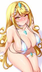 Rule 34 | 1girl, anger vein, anisdrawn, armpit crease, blonde hair, blush, breasts, cleavage, collarbone, commentary, core crystal (xenoblade), embarrassed, eyelashes, from above, highres, large breasts, long hair, mythra (radiant beach) (xenoblade), mythra (xenoblade), simple background, sitting, solo, sweat, swimsuit, thigh strap, tiara, white background, xenoblade chronicles (series), xenoblade chronicles 2, yellow eyes