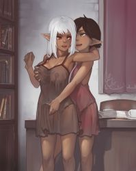Rule 34 | 2girls, :d, blush, book, bookshelf, grabbing another&#039;s breast, breasts, brown hair, bulge, clenched hand, collarbone, covered erect nipples, cowboy shot, cup, curtains, dark-skinned female, dark skin, desk, erection, erection under clothes, futa with female, futanari, grabbing, grabbing from behind, highres, indoors, large breasts, lingerie, long hair, multiple girls, negligee, nipples, open book, open mouth, original, paintrfiend, panties, penis, penis grab, pointy ears, red eyes, saucer, see-through, short hair, smile, standing, steam, teacup, underwear, white hair, yellow eyes