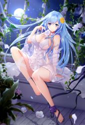 Rule 34 | 1girl, absurdres, bare shoulders, barefoot, blue eyes, blue hair, blurry, breasts, cleavage, depth of field, dress, emori miku, floating hair, flower, full moon, hair flower, hair ornament, hand up, highres, knee up, large breasts, leaf, liver city, long hair, looking at viewer, moon, night, off shoulder, plant, purple flower, rose, see-through, sirokurodai, sitting, sleeveless, sleeveless dress, smile, solo, thighs, very long hair, vines, white dress, white flower, yellow flower