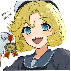 Rule 34 | 1girl, absurdres, bigkwl, black jacket, black neckerchief, blonde hair, blue eyes, blue sailor collar, dated, gloves, hat, highres, jacket, janus (kancolle), kantai collection, looking at viewer, medal, neckerchief, one-hour drawing challenge, open mouth, parted bangs, sailor collar, sailor hat, short hair, short sleeves, simple background, smile, solo, teeth, upper teeth only, white background, white gloves, white hat