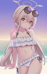 Rule 34 | 1girl, absurdres, bikini, blue archive, blush, breasts, cleavage, collarbone, commentary request, eyewear on head, frilled bikini, frills, halo, hifumi (blue archive), hifumi (swimsuit) (blue archive), highres, kakido, light brown hair, long hair, low twintails, navel, ocean, open mouth, small breasts, solo, sunglasses, swimsuit, twintails, white bikini, yellow eyes