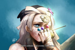 Rule 34 | 1girl, aa-12 (girls&#039; frontline), bandages, bandage on face, bandaged arm, bandages, blue background, blue eyes, candy, commentary request, dirty, dirty face, english text, food, girls&#039; frontline, hair ornament, jazz jack, korean commentary, lollipop, parody, radio, signature, solo, spec ops the line, white hair, woollen cap