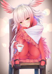 Rule 34 | 10s, 1girl, black footwear, blunt bangs, cameltoe, chair, cleft of venus, cup, full body, fur collar, gloves, head wings, highres, holding, holding cup, japanese crested ibis (kemono friends), kemono friends, kurofude anna, long hair, long sleeves, looking at viewer, mary janes, multicolored hair, pantyhose, red gloves, red hair, red pantyhose, shirt, shoes, sidelocks, smile, solo, tail, tea, teacup, two-tone hair, white hair, white shirt, wide sleeves, wings