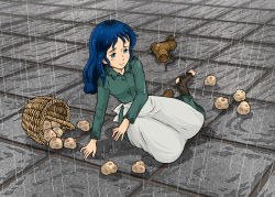 Rule 34 | 1girl, arm support, basket, blue hair, full body, green eyes, lim, long hair, nippon animation, on ground, outdoors, potato, princess sarah, rain, sarah crewe, shoes, single shoe, sitting, solo, torn clothes, torn legwear, tripping, world masterpiece theater