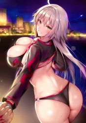 Rule 34 | 1girl, ass, bikini, blue gk, blush, breasts, butt crack, dimples of venus, fate/grand order, fate (series), fingerless gloves, from behind, fujimaru ritsuka (male), gloves, grin, jeanne d&#039;arc alter (swimsuit berserker) (fate), jeanne d&#039;arc (fate), jeanne d&#039;arc alter (fate), large breasts, long hair, looking at viewer, looking back, orange eyes, shiny clothes, shiny skin, sideboob, silver hair, smile, solo, sweat, swimsuit, very long hair, xmasterfgo