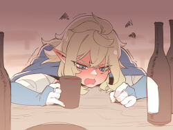 Rule 34 | 1girl, asutora, blonde hair, blue eyes, blush, bottle, bridal gauntlets, cup, drooling, drunk, dungeon meshi, elf, fionil (dungeon meshi), open mouth, pointy ears, solo