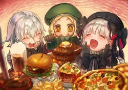 Rule 34 | 3girls, black gloves, blonde hair, blush, cup, closed eyes, fate/grand order, fate (series), food, food focus, food on face, fork, french fries, gloves, burger, jack the ripper (fate/apocrypha), mug, multiple girls, nursery rhyme (fate), open mouth, paul bunyan (fate), pizza, short hair, silver hair, smile, sparkle, yellow eyes