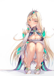 bangs, bare legs, bare shoulders, blonde hair, breasts, chest jewel, cleavage cutout, clothing cutout, dress, earrings, elbow gloves, gloves, hinot, jewelry, large breasts, long hair, mythra (xenoblade), short dress, swept bangs, thigh strap, tiara, very long hair, white dress, white footwear, white gloves, xenoblade chronicles (series), xenoblade chronicles 2, yellow eyes