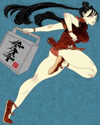 Rule 34 | 1girl, absurdres, anklet, ass, black hair, blue background, box, breasts, brown eyes, chinese clothes, chinese text, dress, fine art parody, food delivery box, full body, highres, holding, holding box, inkan, jewelry, large breasts, long hair, looking at viewer, looking to the side, medium breasts, nihonga, original, panties, parody, parted lips, red panties, running, sei5osuzuki, short sleeves, thighs, underwear, wristband