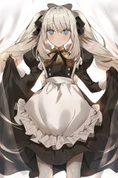 Rule 34 | 1girl, apron, bad id, bad pixiv id, black bow, black ribbon, black shirt, black skirt, blue eyes, blush, bow, fate/grand order, fate (series), floating hair, grey apron, grey pantyhose, hair between eyes, hair bow, highres, long hair, long skirt, long sleeves, looking at viewer, marie antoinette (animejapan 2016) (fate), marie antoinette (fate), neck ribbon, official alternate costume, pantyhose, ribbon, shirt, silver hair, skirt, skirt hold, solo, standing, twintails, very long hair, yuuko (030 yuko)