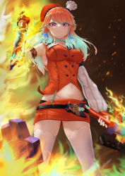 Rule 34 | 1girl, absurdres, belt, beret, breasts, chef hat, choker, detached sleeves, earrings, feather earrings, feathers, fire, flaming sword, flaming weapon, from below, gauntlets, gradient hair, green hair, hat, highres, holding, holding sword, holding weapon, hololive, hololive english, huge filesize, jarvis darc, jewelry, large breasts, looking at viewer, mechanical arms, midriff, mini hat, miniskirt, multicolored hair, navel, orange hair, orange hat, orange skirt, planted, purple eyes, pyrokinesis, shield, single gauntlet, single mechanical arm, skirt, snapping fingers, solo, streaked hair, sword, takanashi kiara, thighhighs, two-tone hair, virtual youtuber, weapon, white thighhighs, zettai ryouiki