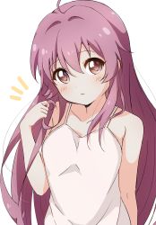 Rule 34 | 1girl, ahoge, bare shoulders, blush, camisole, closed mouth, collarbone, commentary, hair between eyes, hand in own hair, hand up, highres, long hair, looking at viewer, minatsuki hitoka, notice lines, purple eyes, purple hair, simple background, solo, sugiura ayano, very long hair, white background, white camisole, yuru yuri