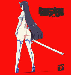 Rule 34 | 1girl, ass, black eyes, black hair, bodysuit, boots, breasts, closed mouth, copyright name, gloves, high heel boots, high heels, highres, hime cut, holding, holding sword, holding weapon, horns, j adsen, kill la kill, kiryuuin satsuki, large breasts, long hair, long legs, red background, revealing clothes, scabbard, sheath, signature, simple background, solo, sword, tassel, thick eyebrows, thighhighs, very long hair, weapon, white gloves
