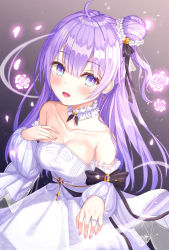 Rule 34 | 1girl, :d, ahoge, azur lane, bare shoulders, black bow, blush, bow, breasts, collarbone, commentary request, detached sleeves, dress, female focus, flower, funii, hair bun, hair flower, hair ornament, jewelry, long hair, long sleeves, looking at viewer, medium breasts, one side up, open mouth, petals, puffy long sleeves, puffy sleeves, purple eyes, purple hair, ring, rose, see-through, side bun, single hair bun, single side bun, smile, solo, strapless, strapless dress, unicorn (a dream of pure vows) (azur lane), unicorn (azur lane), very long hair, wedding band, white dress, white flower, white sleeves