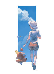 Rule 34 | 1boy, apple, ass, border, cloud, commentary, creatures (company), day, florian (pokemon), food, from behind, fruit, fuecoco, game freak, hat, highres, kikuyoshi (tracco), kneepits, nintendo, orange footwear, orange shorts, outdoors, pokemon, pokemon (creature), pokemon sv, shirt, shoes, short sleeves, shorts, sky, socks, standing, white border, white headwear, white shirt, white socks