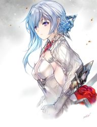 Rule 34 | 1girl, blue hair, breasts, cleavage, commentary request, dress, gloves, gradient background, long hair, long sleeves, looking at viewer, medium breasts, min-naraken, pale skin, purple eyes, sideboob, signature, simple background, sinoalice, solo, upper body