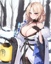 Rule 34 | 1girl, bare shoulders, bare tree, black gloves, black kimono, black thighhighs, blonde hair, blue ribbon, blush, breasts, cleavage, closed mouth, coat, collarbone, cowboy shot, fur-trimmed coat, fur-trimmed kimono, fur trim, gloves, goddess of victory: nikke, hair ribbon, hand on own chest, highres, japanese clothes, kimono, lantern, large breasts, long hair, looking at viewer, ludmilla (nikke), ludmilla (winter owner) (nikke), official alternate costume, paper lantern, parted bangs, red eyes, ribbon, smile, snow, solo, thighhighs, tree, two-tone kimono, white kimono, yuxian youka
