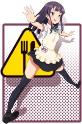 Rule 34 | 1girl, apron, black footwear, black ribbon, black skirt, black thighhighs, blunt bangs, blurry, blurry background, blush, border, dot nose, floating, foreshortening, frilled apron, frills, full body, gradient background, highres, logo, long hair, looking at viewer, neck ribbon, open mouth, oryouohagi, outstretched arms, polka dot, polka dot background, purple background, ribbon, shadow, shirt, shoes, short sleeves, skirt, smile, spread legs, thighhighs, thighs, transparent background, waitress, white background, white shirt, working!!, yamada aoi, yellow apron