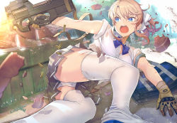 Rule 34 | 1girl, ass, bag, black skirt, blonde girl (itou), blonde hair, blue bow, blue bowtie, blue eyes, blush, bow, bowtie, breasts, brown gloves, bullet casing, bullpup, cartridge, cleavage, day, destruction, dutch angle, firing, gloves, gun, hair bow, highres, holding, holding gun, holding weapon, horizontal magazine, itou (onsoku tassha), large breasts, lying, miniskirt, on side, open mouth, original, outdoors, outstretched arm, p90, panties, pantyshot, parted bangs, personal defense weapon, pleated skirt, school bag, school uniform, see-through, shirt, shoes, short hair, short ponytail, short sleeves, sidelocks, skirt, solo, submachine gun, sweat, thighhighs, translucent, underwear, upskirt, uwabaki, v-shaped eyebrows, weapon, white bow, white footwear, white panties, white shirt, white thighhighs