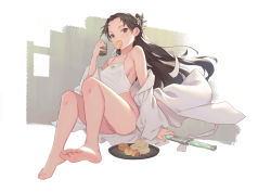 Rule 34 | 1girl, barefoot, bigrbear, brown eyes, chinese clothes, dudou, feet, food, highres, long hair, looking at viewer, no panties, pussy, soles, sweets, sword, toes, tray, weapon