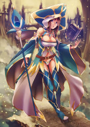 Rule 34 | 1girl, bangle, bare shoulders, belt, blue eyes, blue thighhighs, book, bracelet, breasts, brown hair, capelet, cleavage, detached sleeves, female focus, glasses, hat, jewelry, kanden, large breasts, midriff, navel, open mouth, original, platform footwear, shingoku no valhalla gate, solo, staff, thighhighs