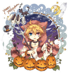 Rule 34 | 10s, 1boy, 2011, 96mame, bat (animal), blonde hair, cat, dated, ghost, halloween, happy halloween, hat, hat with ears, heterochromia, jack-o&#039;-lantern, kagamine len, male focus, moon, musical note, open mouth, polearm, pumpkin, solo, spear, top hat, trick or treat, trident, vocaloid, weapon