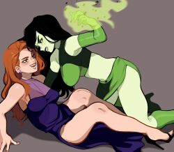 Rule 34 | 2girls, :d, absurdres, bare shoulders, black footwear, black hair, breasts, clenched teeth, earrings, elbow gloves, eye contact, gloves, green eyes, green gloves, high heels, highres, jewelry, kim possible, kim possible (series), large breasts, long hair, looking at another, multiple girls, open mouth, orange hair, porqueloin, shego, shiny skin, sitting, smile, stomach, teeth