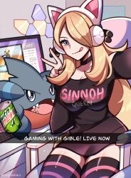Rule 34 | 1girl, :q, alternate eye color, animal ear headphones, animal ears, black choker, black shirt, blonde hair, blue eyes, breasts, can, cat ear headphones, choker, commentary, creatures (company), cynthia (pokemon), desk, drink can, english commentary, fake animal ears, game freak, gen 4 pokemon, gible, hair over one eye, headphones, highres, keyboard (computer), large breasts, long sleeves, looking at viewer, monitor, mountain dew, nintendo, pokemon, pokemon (creature), pokemon dppt, shirt, sitting, soda can, striped clothes, striped thighhighs, swivel chair, thighhighs, thighs, tongue, tongue out, touyarokii, v