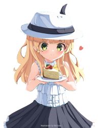 Rule 34 | 1girl, artist name, black skirt, blonde hair, blunt bangs, blush, cake, cake slice, cheesecake, commentary, cowboy shot, earrings, english commentary, food, frilled shirt, frills, fruit, green eyes, hat, hat feather, heart, heart earrings, highres, holding, holding plate, jewelry, long hair, looking at viewer, original, plate, pleated skirt, sachisudesu, shirt, simple background, skirt, sleeveless, sleeveless shirt, smile, solo, standing, strawberry, symbol-only commentary, watermark, white background, white hat, white shirt
