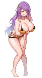 Rule 34 | 1girl, absurdres, bikini, blush, breast hold, breasts, cleavage, collarbone, hair ornament, highres, huge breasts, leaning forward, long hair, looking at viewer, navel, one eye closed, open mouth, original, purple hair, simple background, smile, solo, suruga (xsurugax), swimsuit, white background, yellow bikini, yellow eyes