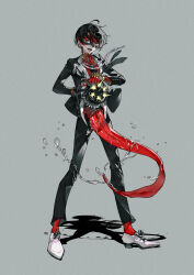 Rule 34 | 1boy, 1other, animal, black hair, black jacket, black pants, brass knuckles, chogakusei, collared shirt, domino mask, formal, full body, gloves, glowing, glowing eyes, grey background, half gloves, highres, holding, holding animal, indie utaite, jacket, jewelry, looking at viewer, male focus, mask, monster, multicolored hair, mura karuki, music, necklace, necktie, original, oxfords, pants, pearl necklace, print necktie, red eyes, red gloves, red shirt, red socks, ring, saliva, shadow, sharp teeth, shirt, short hair, socks, studded gloves, studded mask, suit, teeth, tongue, tuxedo, two-tone hair, utaite, very short hair, weapon, white footwear
