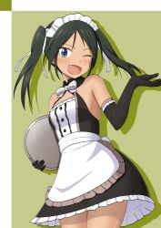 Rule 34 | 1girl, alternate costume, apron, bare shoulders, black gloves, blush, breasts, elbow gloves, enmaided, fang, francesca lucchini, gloves, green background, green eyes, green hair, guchiaki, hair ribbon, highres, long hair, looking at viewer, maid, maid apron, maid headdress, one eye closed, open mouth, ribbon, simple background, small breasts, smile, solo, strike witches, twintails, waitress, wink, world witches series