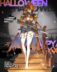 Rule 34 | 1girl, assault rifle, barefoot, bayonet, breasts, bullpup, cape, cleavage, cleavage cutout, clothing cutout, costume, english text, famas, famas (girls&#039; frontline), famas (guns n&#039; side boxes) (girls&#039; frontline), full body, girls&#039; frontline, gloves, gun, halloween, halloween costume, hood, jack-o&#039;-lantern, mask, official alternate costume, official art, pantyhose, pumpkin, revealing clothes, rifle, solo, stairs, torn cape, torn clothes, torn pantyhose, weapon