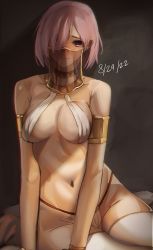 Rule 34 | 1girl, 2022, absurdres, anklet, arabian clothes, armband, bare shoulders, bdsm, blush, bracelet, breasts, bridal legwear, cameltoe, cleavage, code nt, collar, collarbone, dark-skinned female, dark skin, dated, fate/grand order, fate (series), female focus, gloves, groin, hair between eyes, hair over one eye, halterneck, harem outfit, highres, jewelry, looking at viewer, mash kyrielight, mouth veil, navel, pelvic curtain, pink hair, purple eyes, see-through, see-through mask, short hair, slave, smile, solo, stomach, thighhighs, thighs, thong, underboob, veil, wedgie, white gloves, white thighhighs