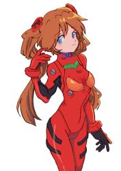 Rule 34 | 1girl, alternate hairstyle, artist request, blue eyes, blush, bodysuit, breasts, brown hair, hair ornament, highres, interface headset, long hair, looking at viewer, neon genesis evangelion, plugsuit, red bodysuit, simple background, small breasts, smile, solo, souryuu asuka langley, standing, twintails, very long hair