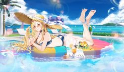 Rule 34 | 1girl, afloat, ankle ribbon, ao la xing, barefoot, beach umbrella, between fingers, bikini, blonde hair, blue bikini, blue sky, breasts, bubble, bush, cake, cake slice, caustics, character request, cloud, cup, curtains, day, drink, drinking glass, drinking straw, eyelashes, feet up, flower, food, fruit, full body, hair over breasts, hand in own hair, hat, hat ribbon, heart, heart-shaped eyewear, hibiscus, highres, holding, horizon, inflatable raft, leg ribbon, light smile, long hair, looking at viewer, lying, ocean, on stomach, orange (fruit), orange slice, outdoors, palm tree, plate, pool, pool ladder, ribbon, see-through, sky, solo, straw hat, sun hat, sunglasses, sunlight, swimsuit, the pose, towel, tree, umbrella, very long hair, wet towel, yellow eyes, zuo600
