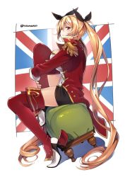 Rule 34 | 1girl, azur lane, blonde hair, blush, boots, braid, breast lift, breast press, breasts, closed mouth, coat, dutch angle, epaulettes, flag background, full body, hugging own legs, knee up, large breasts, long hair, long sleeves, looking at viewer, looking to the side, nelson (azur lane), open clothes, open coat, profile, red coat, red eyes, red footwear, sideboob, sideways glance, sitting, solo, stool, super zombie, thigh boots, thighhighs, twin braids, twintails, union jack, very long hair, zettai ryouiki