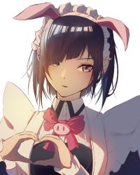 Rule 34 | 1girl, akiba maid sensou, animal ears, black hair, bow, fake animal ears, heart, heart hands, looking at viewer, maid, maid headdress, mannen ranko, pig ears, pink bow, simple background, solo, tangtangtangbian, upper body, white background