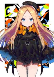 Rule 34 | 1girl, abigail williams (fate), alternate costume, beret, black bow, black dress, black hat, blonde hair, blue eyes, bow, bug, butterfly, closed mouth, commentary request, dress, fate/grand order, fate (series), forehead, hat, hayama eishi, insect, keyhole, long hair, long sleeves, looking at viewer, orange bow, parted bangs, sleeves past fingers, sleeves past wrists, solo, tilted headwear, very long hair