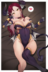Rule 34 | 1girl, alternate breast size, blush, breasts, cleavage, collar, covered navel, cuffs, demon girl, demon horns, demon tail, demon wings, earrings, elbow gloves, feet out of frame, gloves, head tilt, heart, highres, horns, jewelry, large breasts, leotard, long hair, love live!, love live! sunshine!!, low wings, lying, mini wings, on back, red hair, sakurauchi riko, shackles, single thighhigh, smile, solo, spoken heart, tail, tem10, thighhighs, wings, yellow eyes