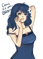 Rule 34 | 1girl, blue eyes, blue hair, breasts, cleavage, dress, female focus, hair ornament, hand on own cheek, hand on own face, long hair, matching hair/eyes, personification, solo, tumblr, white background